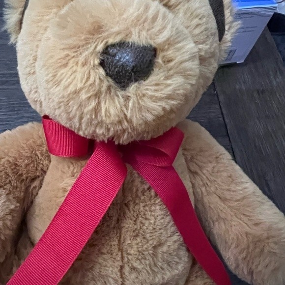 Teddy Bear Charlie The Bear by Aurora Brown Red Bow 15" Faux Leather Ears Nose - Picture 8 of 11